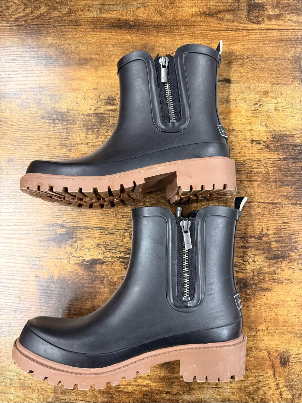 Lucky Brand Black Rain Boots with Brown Sole